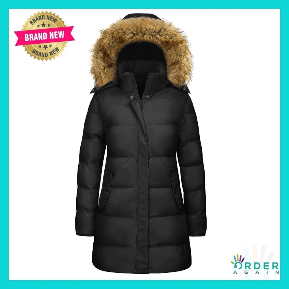 Long Winter Puffer Coat with Removable Faux Fur Hood Windproof Parka Elegant
